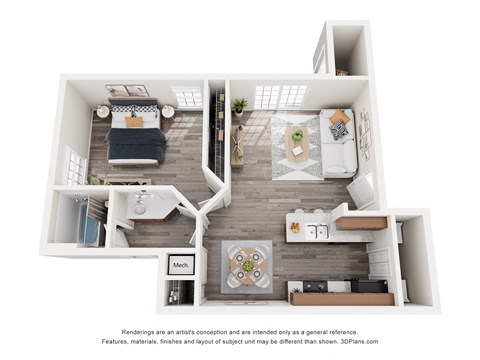 Floor plan for 1 bed, 1 bath, 670 sqft